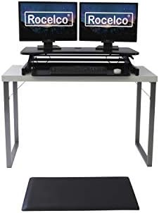 Rocelco 37.5" Deluxe Height Adjustable Standing Desk Converter with Anti Fatigue Mat BUNDLE - Quick Sit Stand Up Computer Workstation Riser - Large Retractable Keyboard Tray - Black (R DADRB-MAFM)