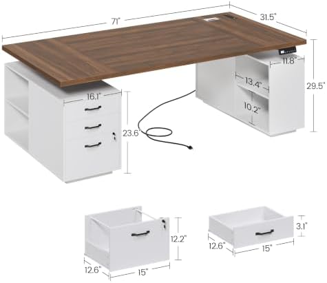 71" Electric Standing Desk with Drawers, Electric Height Adjustable Executive Desk with Lockable File Cabinet, Home Office Desk, Open Storage Compartments, Built-in Power Outlet, White