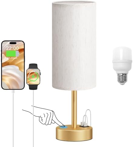 Touch Bedside Lamps for Nightstand - 14" Gold Desk Lamp with USB Ports