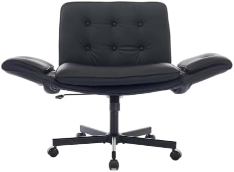 Criss Cross Chair with Lumbar Airbag & Folding Arms Relieve Back Pain, Wide Cross Legged Office Chair for Home Office, Comfy Swivel Desk Chair with Wheels, 5 Level Adjustable Armrest, Leather(Black)