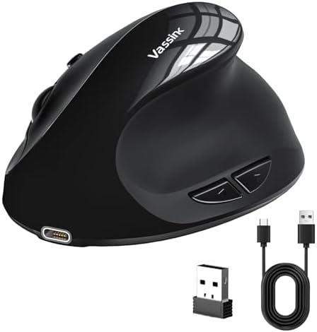 Vassink Ergonomic Mouse, Vertical Wireless Mouse,Mini Mouse Rechargeable 2.4G Optical Carpal Tunnel Mice: 800/1200 / 1600 DPI, 6 Buttons, for Laptop, PC, Computer, Desktop, Notebook etc