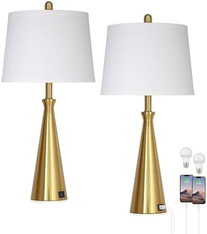 Rinweey 28" Modern Gold Touch Table Lamp Set of 2 for Living Room,Gold Bedside Lamps with USB A+C Ports - Gold Metal Table Lamp Set for Nightstand, End Table - 2 Bulbs Included