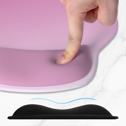 ITNRSIIET Ergonomic Mouse Pad with Wider Memory Foam Wrist Rest +17%, Curved Cushion Reduces Pressure 20%, Pain Relief, Non-Slip, Smooth, Cute Color Desk Accessory, 9.85 x 9 inch, Soft Pink