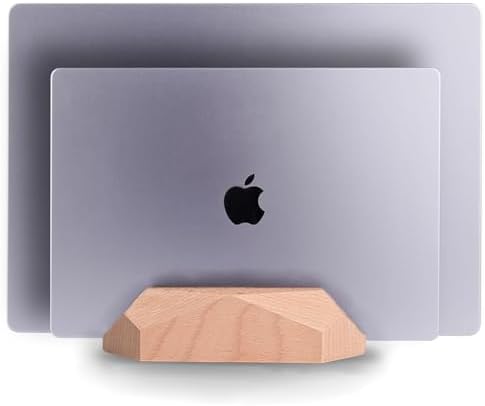 Dual Laptop Holder Adjustable Vertical Laptop Stand, 2 Slots MacBook Stand Wood,Wooden Laptop Stand,Vertical Laptop Holder for Desk, Widen Dock Fits All MacBook/Surface pro