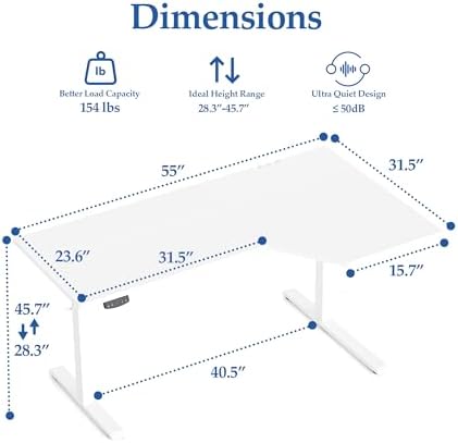 Klicelor L Shaped Standing Desk 55 x 31.5 Inch, Electric Height Adjustable Corner Desk for Home Office Workstation, Ergonomic Sit Stand Computer Table with Memory Controller, White