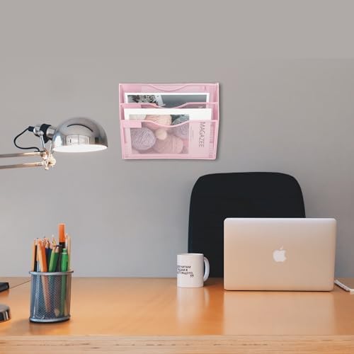 EASEPRES 3 Pocket Mesh Hanging Wall File Organizer, Wall Mounted Mail Paper Document Folder Holder, Clipboard Storage Organization Magazine Rack with Nametag Label for Office Home School, Pink