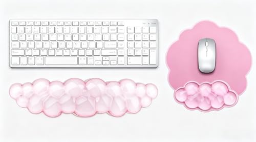 Mouse Pad with Wrist Rest, Soft Cloud Gel Keyboard Mouse Pad Set with Hand Wrist Support, Cute Non Slip Office Desk Accessories for Comfort/Pain Relief/Computer/Laptop (2Pc Pink Cloud)