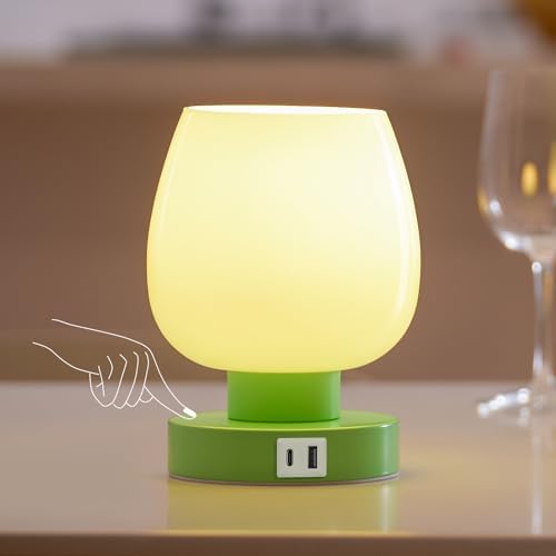ONEWISH Touch Bedside Table Lamp with USB Charging - 3 Way Dimmable Small Glass Lamp for Bedroom, 2700K LED Bulb Included, Green, 2 Packs