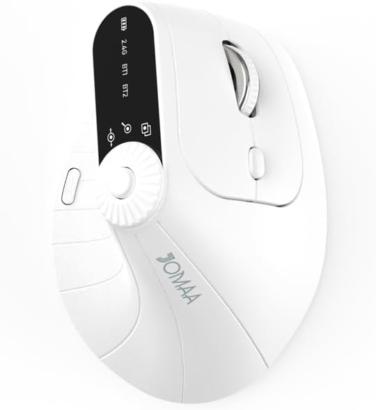 JOMAA Wireless 2.4G & Dual Bluetooth Three-Channel Ergonomic Vertical Mouse Adjustable DPI, Multi-Function Turntable for PC, Laptop, MacBook, Rechargeable (White)