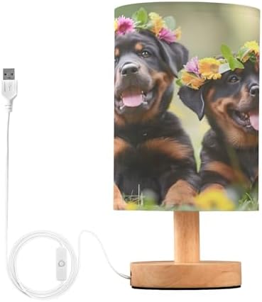 Bedside Lamp Rottweiler Dog Puppy Table Lamp for Bedroom LED Nightstand Lamp Shade USB Ports Wood Base for Living Room Dorm Office