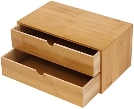 Bamboo Desk Organizer with 2 Drawers, Natural Wood Tabletop Storage Box | No-Assembly Countertop Drawer for Office Home Makeup Jewelry Stationery