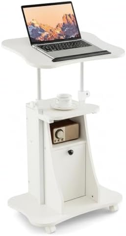 Tangkula Mobile Laptop Podium, Height Adjustable Sit to Stand Desk with Tilting Desktop & Storage Cabinet, Ergonomic Rolling Lectern Cart Laptop Desk, Office Podium Stand on Wheels