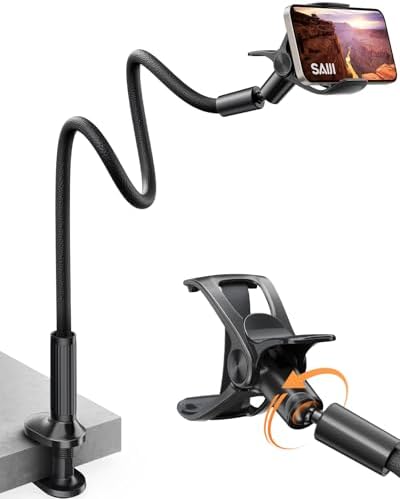 SAIJI Gooseneck Phone Holder for Bed Overall Length 38.6” Flexible Leather Wrapped Arm Overhead Cell Phone Mount Stand with 360° Adjustable Clamp Clip, Compatible with All 4-7” Cellphones (Black)
