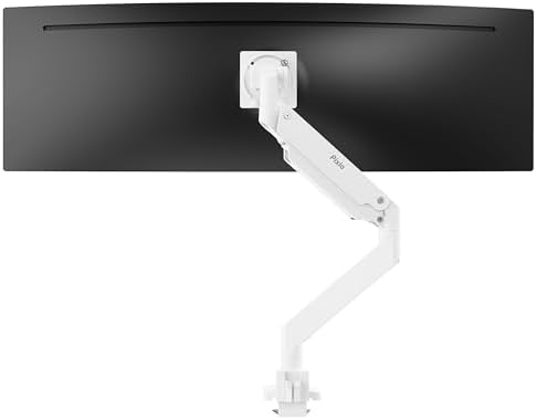 Pixio PS2S Titan White Ultrawide Mega Heavy-Duty Premium Single Monitor Arm Stand fits up to 57 inch Monitors Holds up to 59.4lbs VESA Compatible Integrated Cable Management