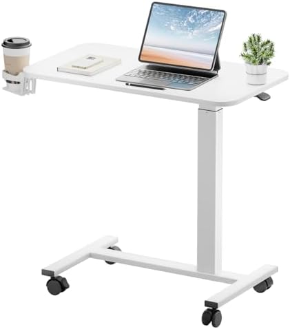 GTPLAYER Small Standing Desk with Lockable Wheels, Pneumatic Mobile Rolling Laptop Desk,Adjustable Height Overbed Bedside Table Computer Workstation for Home Office (28" W x 16" D, White)