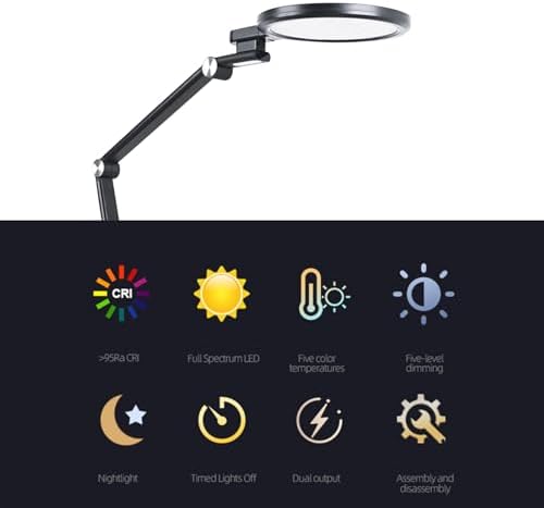 Full Spectrum Eye Care LED Desk Lamp, Foldable 4 Axis Rotation, 5 Colors 5 Brightness Levels, 45Min Timer Dual USB Charging Port for Study Office Reading (US Plug)