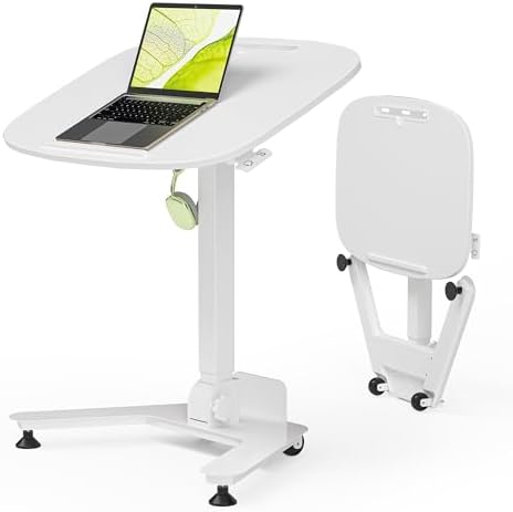 WALKINGDESK Foldable Pneumatic Height Adjustable Mobile Standing Desk with 90° Tiltable Tabletop, 27.2x18.9 Inch Portable Laptop Desk with Wheels, Holds Up to 66.1lbs for Home Office, Study, White