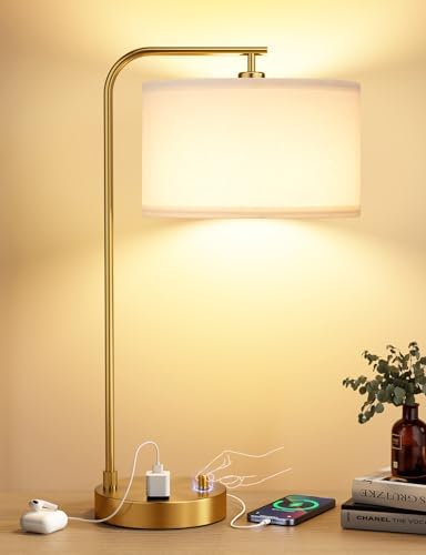 20.7" Gold Table Lamp with USB & Outlet, Fully Dimmable Nightstand Lamp