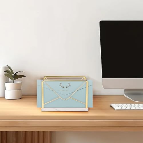 Modern Mail Holder for Home Office, Metal Letter Organizer Sorter for Desk, Cutout Mail Envelope Design, Bill Filling Paper Document Rack, Envelope Storage Rack with Marble Base (Gold)