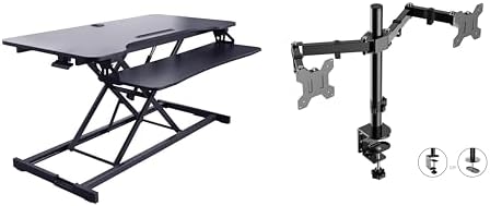 Rocelco 43" Height Adjustable Standing Desk Converter with Dual Monitor Arm Mount - Tall Stand Up Tabletop Riser and Tablet Slot - Computer Workstation - Deep Keyboard Tray - Black (R VADRB-43-DM2)