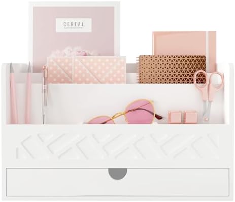 Wisuce Bamboo Mail Organizer with Drawer, Countertop Desk Organizer(White)