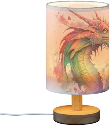 Bedside Lamp Watercolor Dragon Table Lamp for Bedroom LED Nightstand Lamp Shade USB Ports Wood Base for Living Room Dorm Office