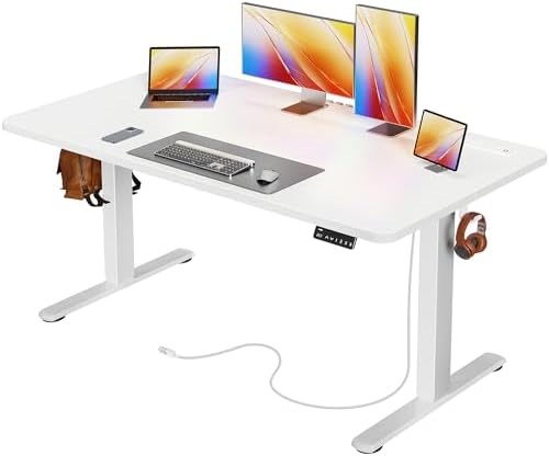 Huuger 55 X 24 Inch Electric Standing Desk with Power Outlets and USB-C Port, Height Adjustable Desk, Sit Stand Desk for Home Office, Computer & Gaming Desk with 3 Presets, Stable Steel Frame, White