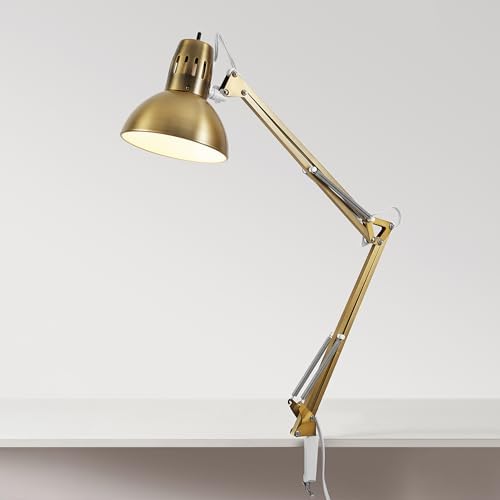 Globe Electric 62000010 32" Multi-Joint Desk Lamp with Metal Clamp,Matte Brass,White Accents,On/Off Rotary Switch on Shade,Partially Adjustable Swing Arm,Home Décor,Office Accessory, Clamp (Pack of 6)
