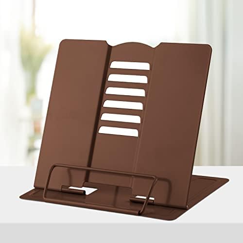 Honagu Book Stand Metal Desk Book Holder, Book Holders for Reading Hands Free, Adjustable Cookbook Documents Holder, Portable Bookstand for Music Books, Textbook, Recipe, Tablet, Ipad (Brown)