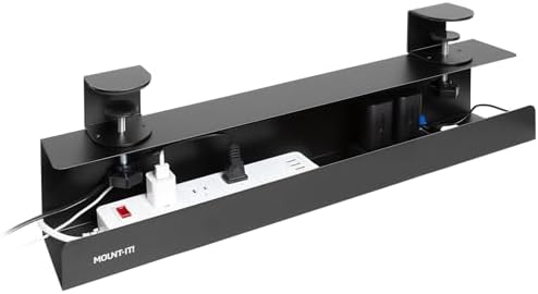 Mount-It! Under Desk Cable Management Tray – Clamp-On No-Drill Metal Cable Management Tray for Desk & Standing Desk, Wire & Cord Organizer for Power Strips, Glass Desks – 23.6” Black
