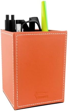 Pen Pencil Holder Cup Container PU Leather Desk Organizer Stand Decor Brush Scissor Holder Decoration Office Desk Home School (Orange, 3.54" x 3.54" x 4.72")