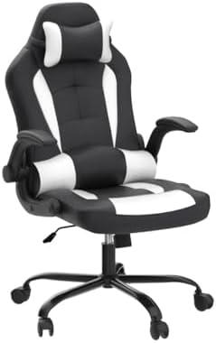 Ergonomic Gaming Chair - High Back Office Desk Chair with Lumbar Support & Flip-Up Arms, PU Leather Computer Swivel Task Chair, Adjustable Headrest Executive Racing Style Chair for Adults-White