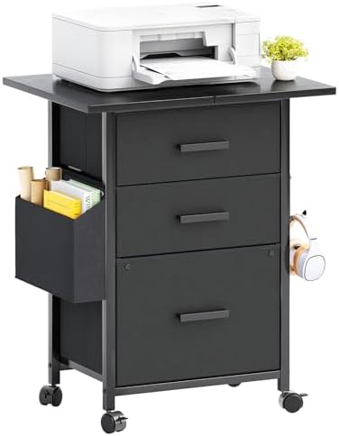 3-Drawer Mobile File Cabinet with 22" Wide Printer Stand, Fabric Under Desk Filing Cabinet with Side Bag & Headphone Hook, Fits Letter/A4 Size Hanging File Folders, Rolling Home Office Organizer,Black