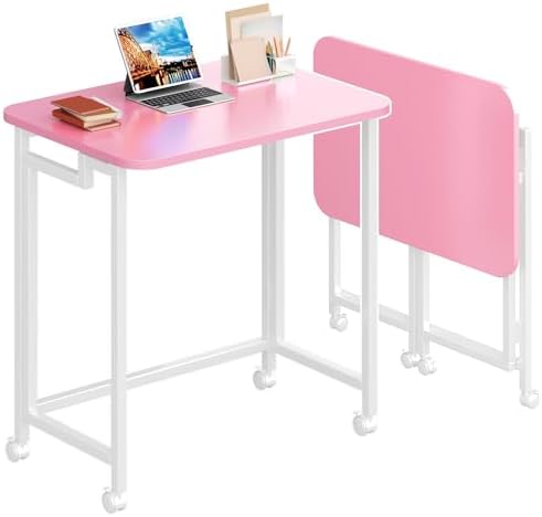 4NM 23.6" Mobile Small Rolling Computer Desk, Folding Laptop Cart Table with Wheels, Portable Office Desk for Small Space Couch Bed - Pink and White