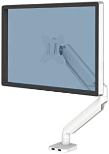 Fellowes Platinum Series Single Monitor Arm for 40-Inch Monitors, Full Motion, 360° Rotation, VESA Mount with Grommet or Clamp, USB Ports, Ergonomic, White, 8056201