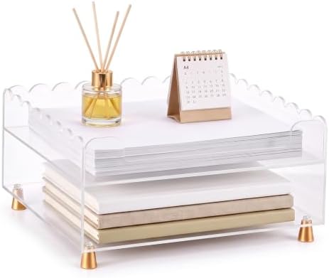 2‑Tier Acrylic Desk Organizer Tray, Scalloped Letter Tray Organizer