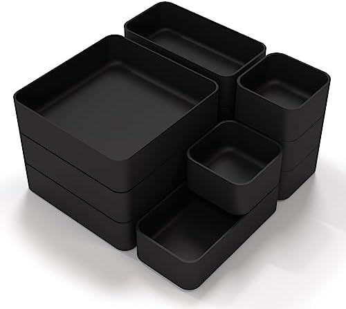 11-Piece Stackable Drawer Organizer Set, Multi-size Desk Drawer Organizer Trays Vanity Storage Bins for Storing Makeup, Stationery, Utensils in Bathroom Dresser, Office and Kitchen