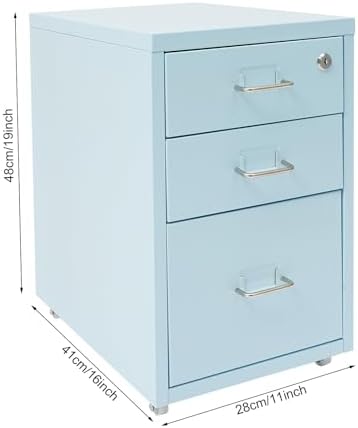 3 Drawer File Cabinet with Lock, Freestanding Filing Metal Drawers Organizer Vertical Metal Rolling Organizer Movable Under Desk Cabinet with Wheels for Home Office Living Room Study (3 Tiers Blue)
