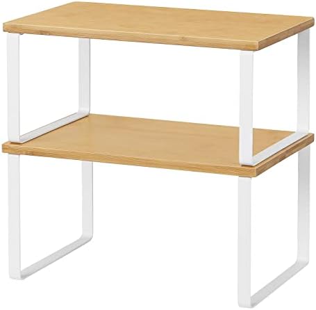 NEX Kitchen Cabinet and Counter Shelf Organizer, Stackable & Expandable, White and Natural