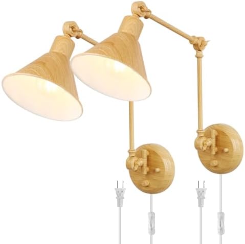 TRLIFE Wall Sconces Plug in, Dimmable Wall Sconces Set of 2 Swing Arm Wall Lights Plug in Wall Mounted Light Industrial Wall Lights with 6FT Plug in Cord, E26 Base, UL Listed(Oak Color)