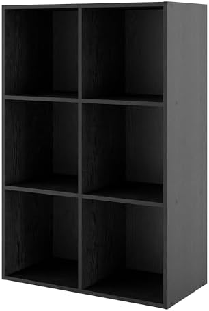 Homes: Inside + Out Apexa 6-Cube Storage Organizer Shelves, Stackable Wood Bookcase Fits Cubby Bins for Organization, Dorm Teen Room Decor & Home Office, Black