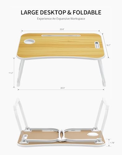 ZEAPTAC Laptop Bed Desk, Foldable Lap Desk, Portable Lap Table, Laptop Stand with Cup Holder, Tablet Slot & Lifting Handle for Work, Write, Draw & Eat on Bed, Sofa or Couch - Wood
