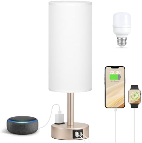 Antique White Bedside Table Lamp, Dimmable Touch Lamp, USB A+C, AC Outlet