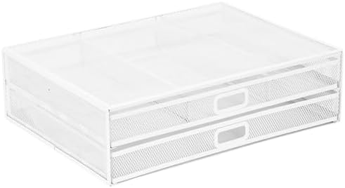 Mount-It! Mesh Computer Monitor Stand Riser [Metal] Desk Organizer with Two Pullout Storage Drawers for Desktop, Laptop, and Printer Accessories and Office Supplies (White)