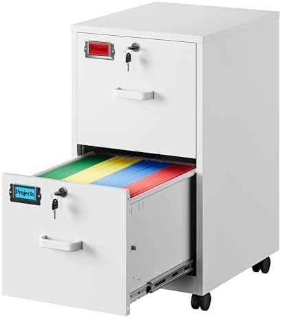 PEUKC 2 Drawers Mobile File Cabinet with Lock, Under Desk Rolling File Cabinet for Home Office, Organizes Letter Legal A4 Files, White(Assembly Required)