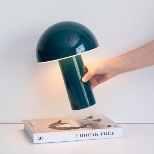 Brightech Celia Small Table Lamp – 10" Touch-Controlled Mushroom Accent Lamp, Cordless & Dimmable LED, Portable Bedside Night Light, Sustainable Light, Recycled Modern Patio Lamp for Home Décor – Teal