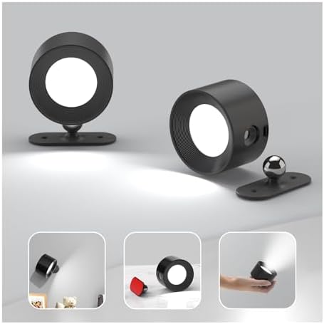 Koopala 2PCS Rechargeable Battery Operated LED Wall Lamps, Wall Mounted Lights with 3 Brightness 3 Color Temp Removable Charging 360°Rotate Magnetic, Cordless Wall Sconces for Reading Bedside-Black