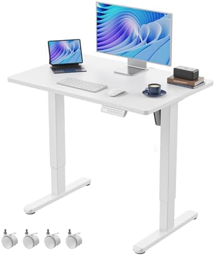 HUANUO Electric Small Standing Desk, Whole Piece Desktop, Adjustable Height Computer Desk, 4 Height Memory Settings, Sit Stand Up Desk for Home Office, 35" x 24", White