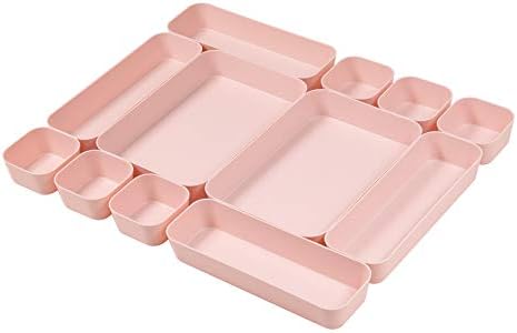 Set Of 12 Pink Color Plastic Desk Drawer Organizers For Makeup Bathroom Office Kitchen Vanity Drawer Storage Box Container