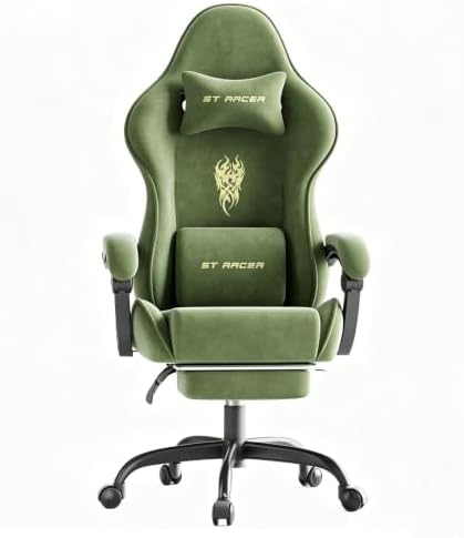 Soontrans Green Velvet Gaming Chair with Embroidery Design